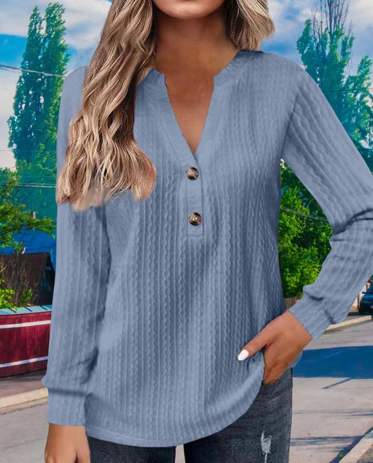 2025 Fashion Must Have Womens Long Sleeve V Neck Henley Shirt Loose Casual Shirt Warm Winter Knitwear - Image 5