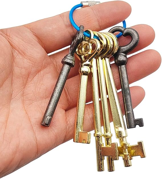 Skeleton Key Set, 6 Pcs Universal Hollow Barrel Skeleton Keys with Wire Rope Keychain, Antique Vintage Key Kit for Vintage Furniture and Locks