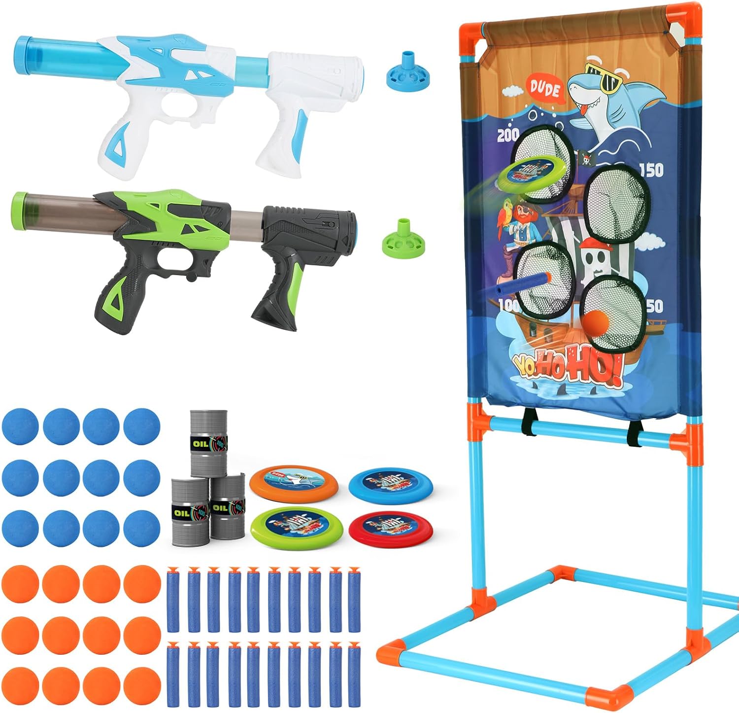 EagleGrove Shooting Games Toy with Player Air Guns, Shooting Target, 24 Foam Balls, Foam Darts, Oil-Tank Targets, Flying Discs, Shooting Target Toys Outdoor Game Toys for Christmas Birthday Gifts