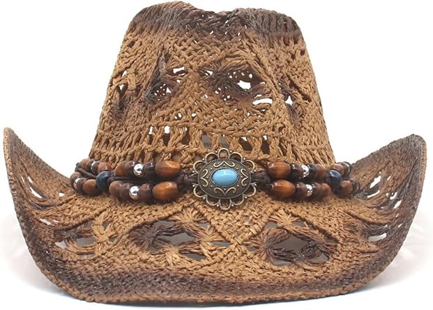 Felcia Men's Women's Straw Cowboy Hat Woven Sunscreen Cap Western Cowboy Hat Two Decorative Bands