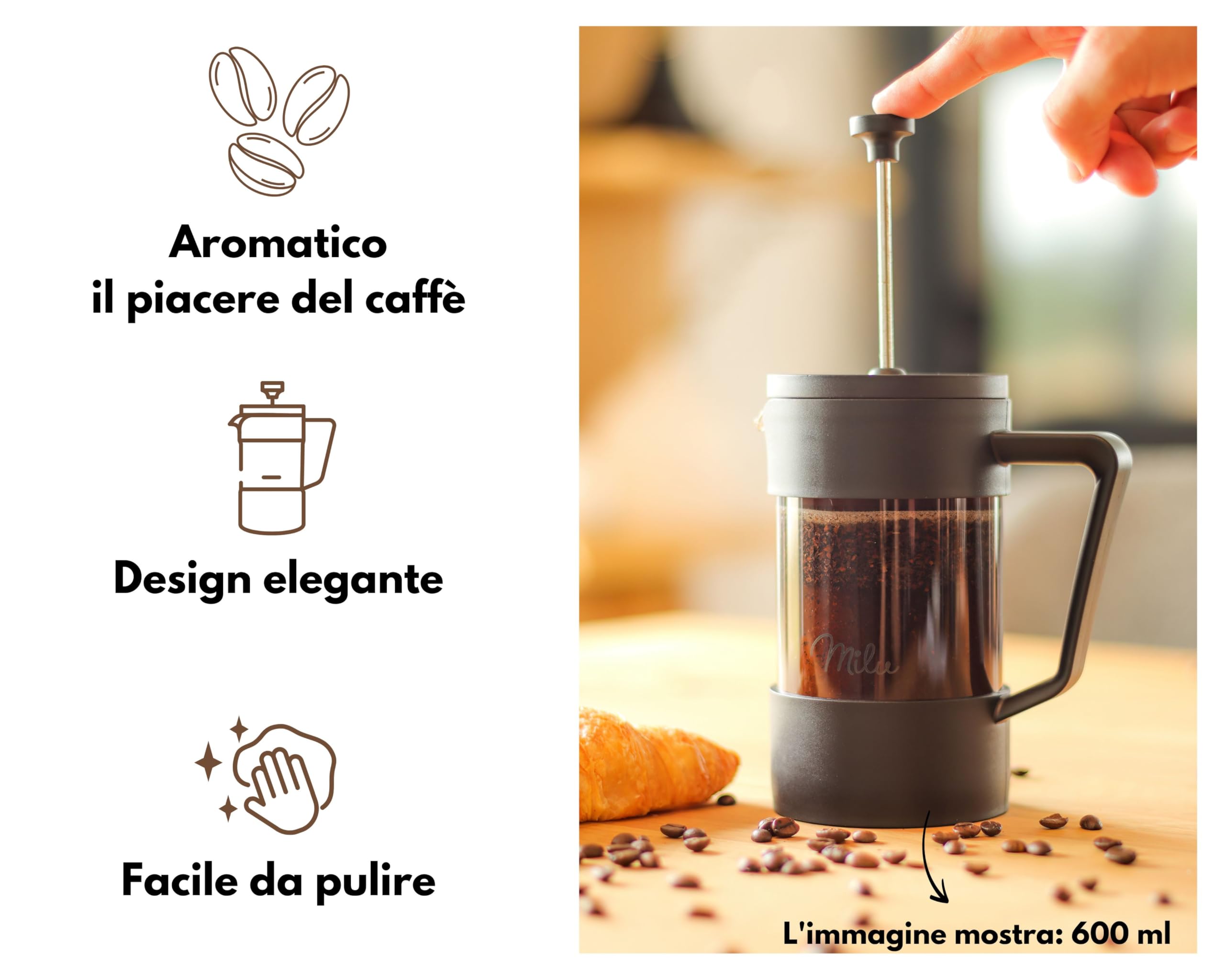 Milu Caffettiera francese Pressa per Caffè | 350ml 600ml 1L | Vetro French Press Caffettiera stantuffo (Nero, 600ml (3 tazze)