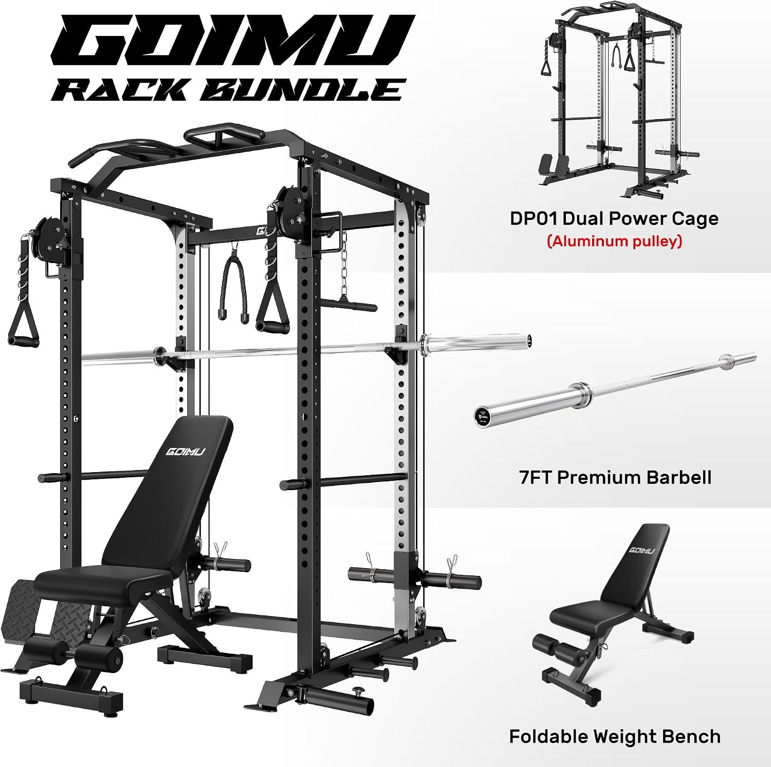 DP01 Power Cage, 2000LBS Squat Rack with with Cable Crossover and Dual Independent Pulley System, Full Cage for Full Body Training, Power Rack with More Training Attachments for Home Gym