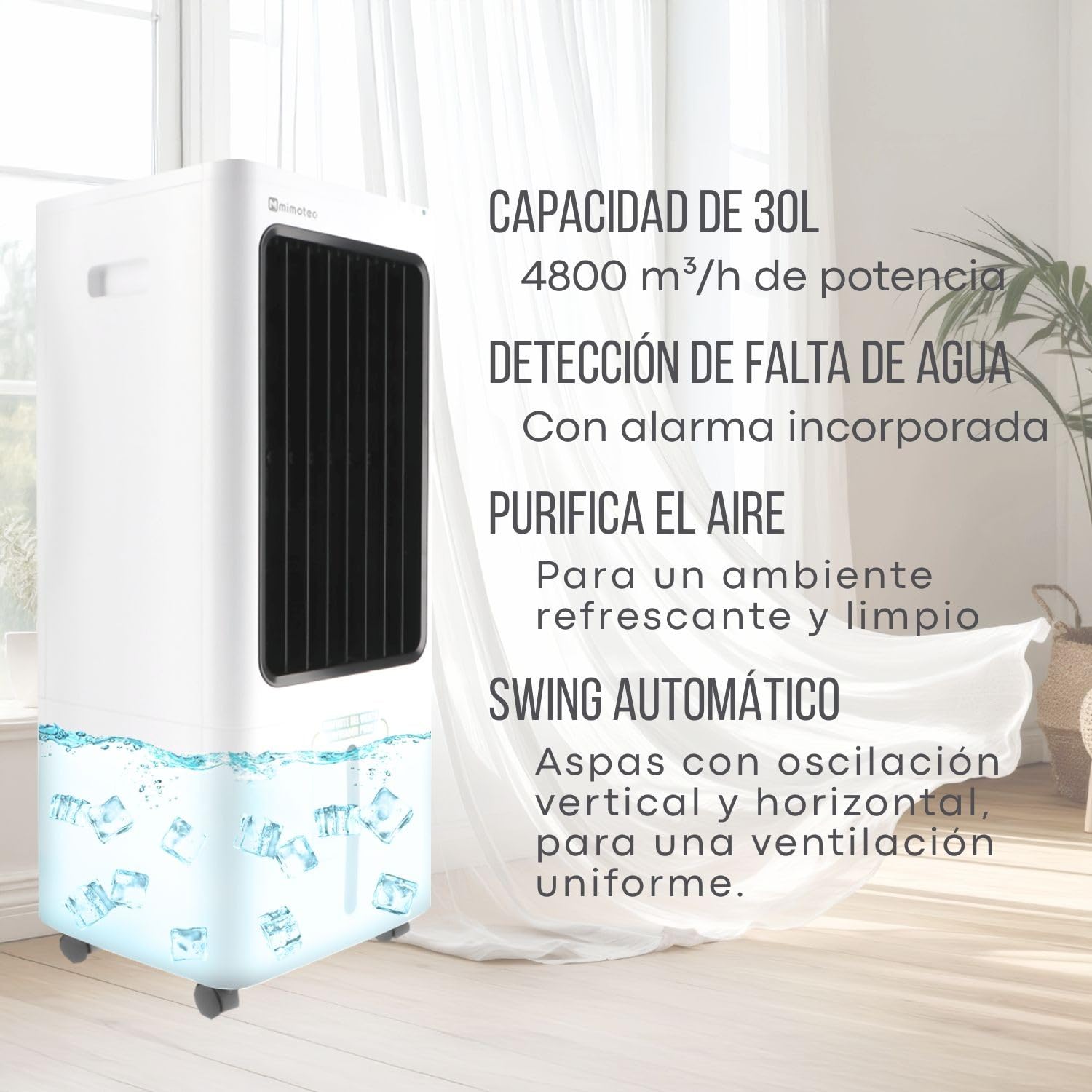 M mimotec - Climatizador Evaporativo Portátil Airmax 4800 m³/h Blanco, enfriador de Aire 30L Control Remoto, Silencioso, 100W, Bajo Consumo, ideal para Hogar, Oficina y Exteriores Cubiertos