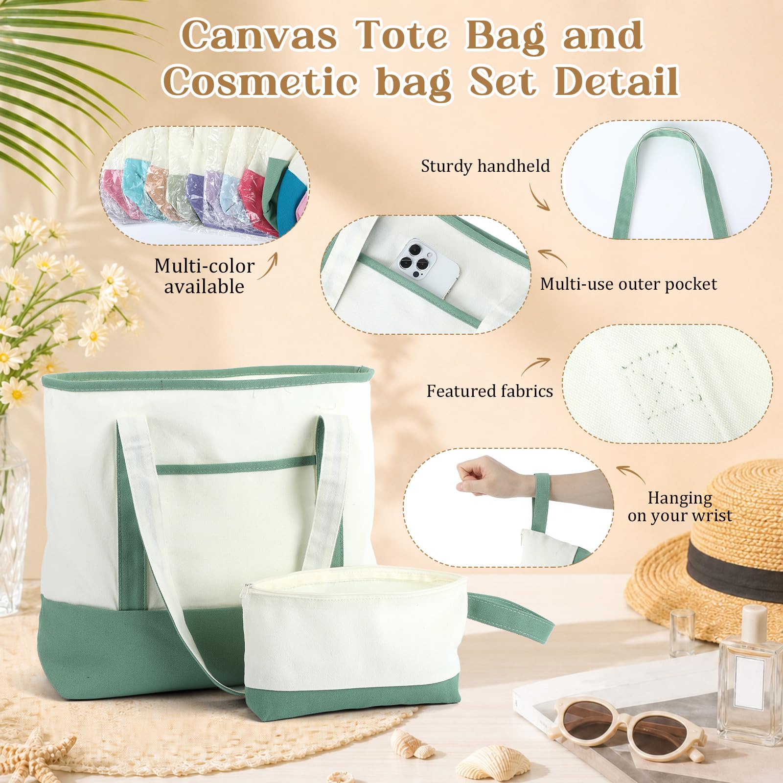 Sanwuta Canvas-Tragetaschen mit Außentasche und Make-up-Tasche, 45,7 cm, wiederverwendbare Einkaufstaschen mit Griffen, für Damen, Strand, DIY