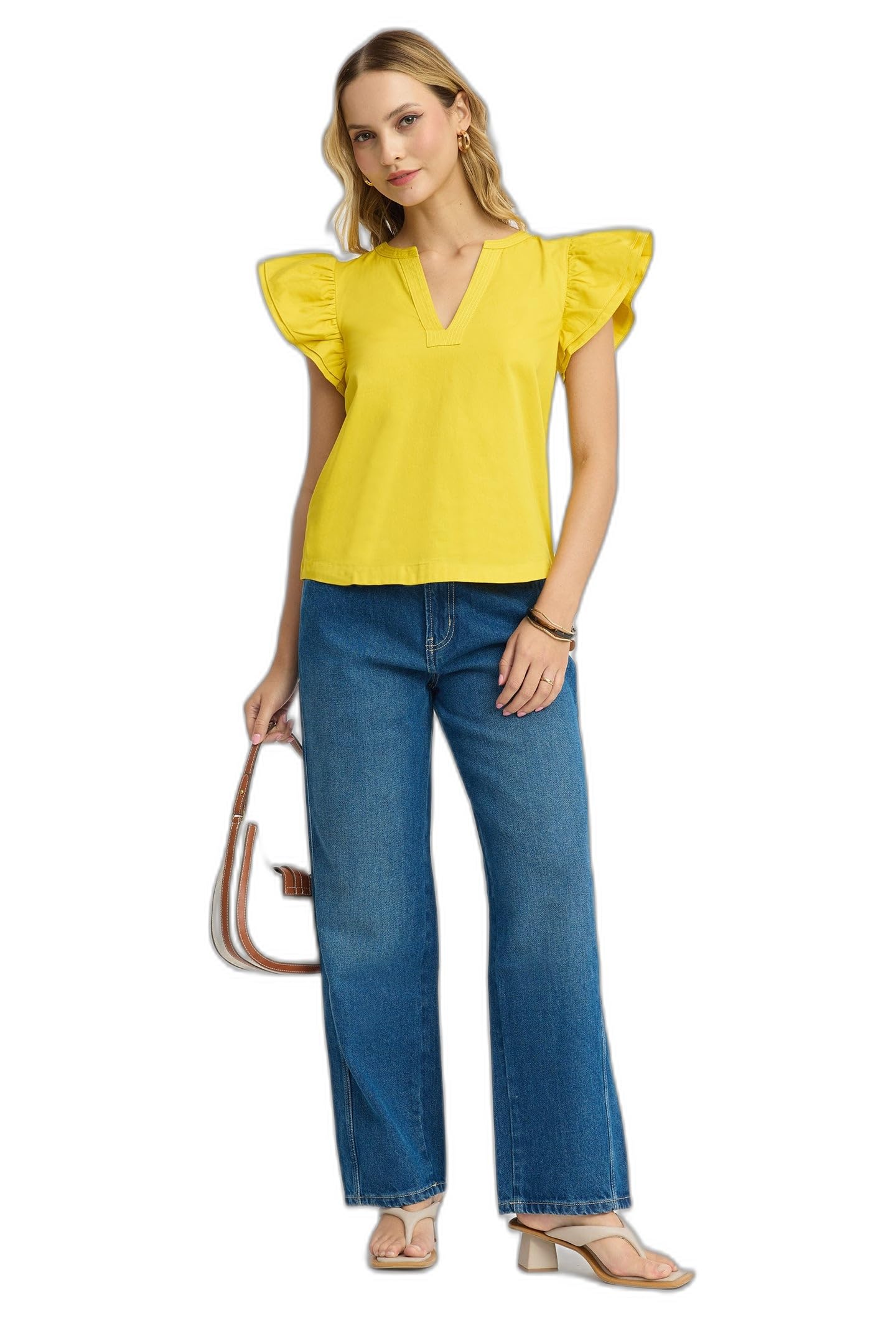 virgio Yellow Flutter Sleeve Top for Women | Regular Fit Casual Top with Topstitched Neckline | Soft Comfortable Fashion Wear | Elegant Brunch, Vacation and Everyday Outfit-picture-11
