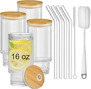 ALINK 16 OZ Ribbed Drinking Glasses 4pcs Set with Bamboo Lids and Glass Straws, Vintage Iced Coffee Cups Glassware, Origami Style Glass Tumbler for Coocktail, Beer, Water