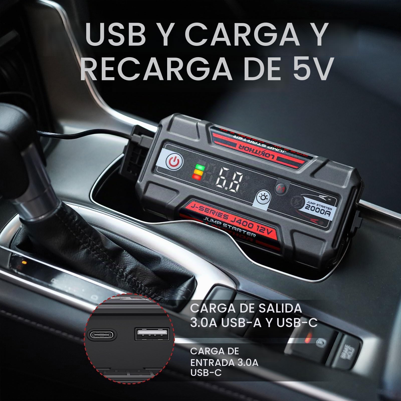 LOKITHOR J400 Arrancador Coche 2000A Portátil con Pantalla Digital | Pantalla Digital Inteligente y Protección Múltiple, para Motores de Gasolina 8,0L y Diésel 6,0L