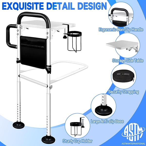 LanAqua Bed Rails for Elderly Adults Safety with Foldable Tray, Adjustable Bed Assist Rails for Seniors with Motion Sensor Light & Cup Holder, ASTM Approved Bed Cane Bed Rail with 2 Handles & Pocket - 3