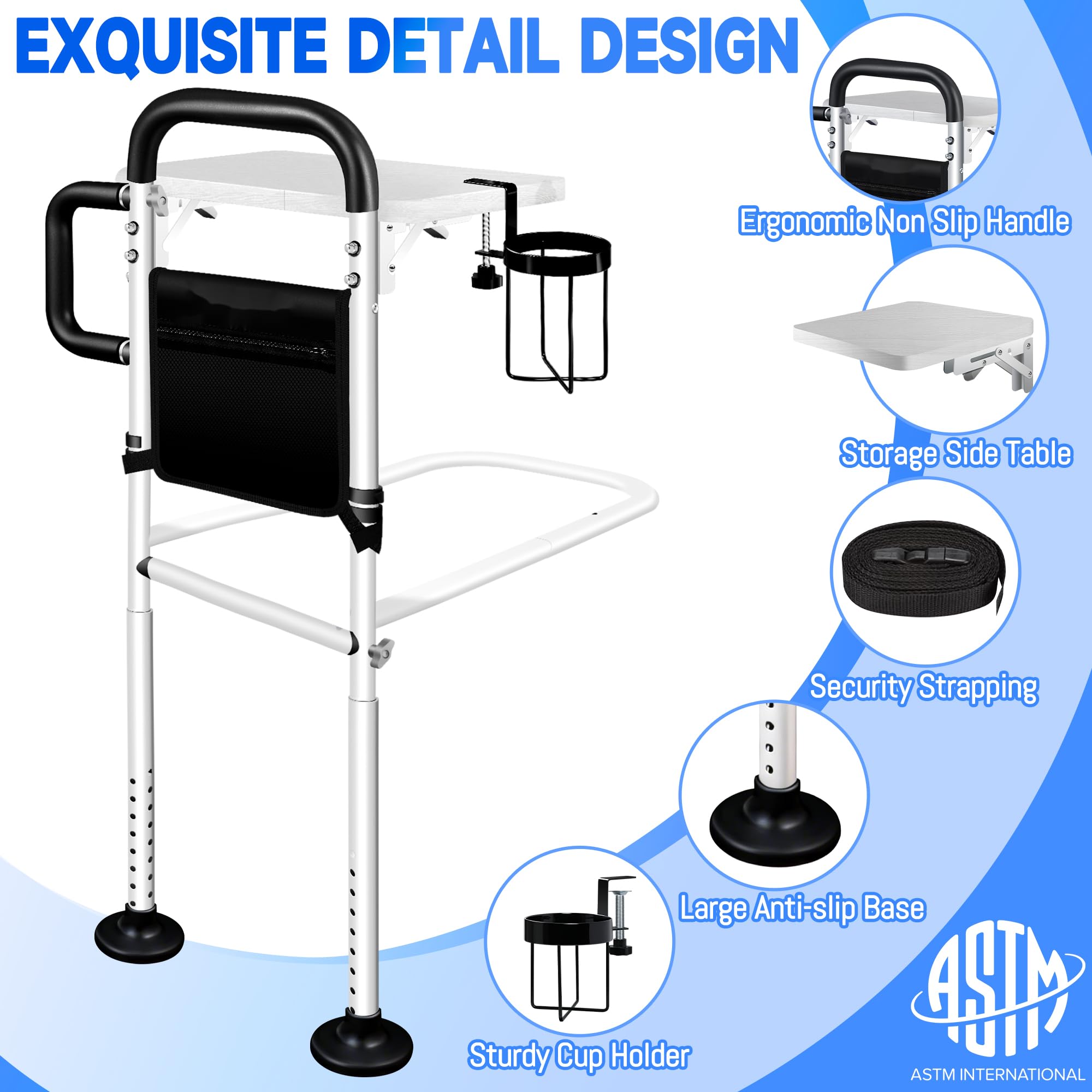 LanAqua Bed Rails for Elderly Adults Safety with Foldable Tray, Adjustable Bed Assist Rails for Seniors with Motion Sensor Light & Cup Holder, ASTM Approved Bed Cane Bed Rail with 2 Handles & Pocket — view 3