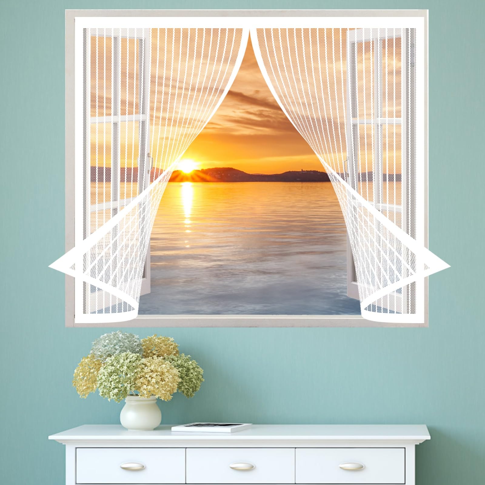 Amzero White Magnetic Fly Screens For Window 94 X 84 Cm(37 X 33Inch), Window Fly Screen Net With Self-Adhesive Tape Durable Transparent For Kitchen/Bedroom/Room Window,