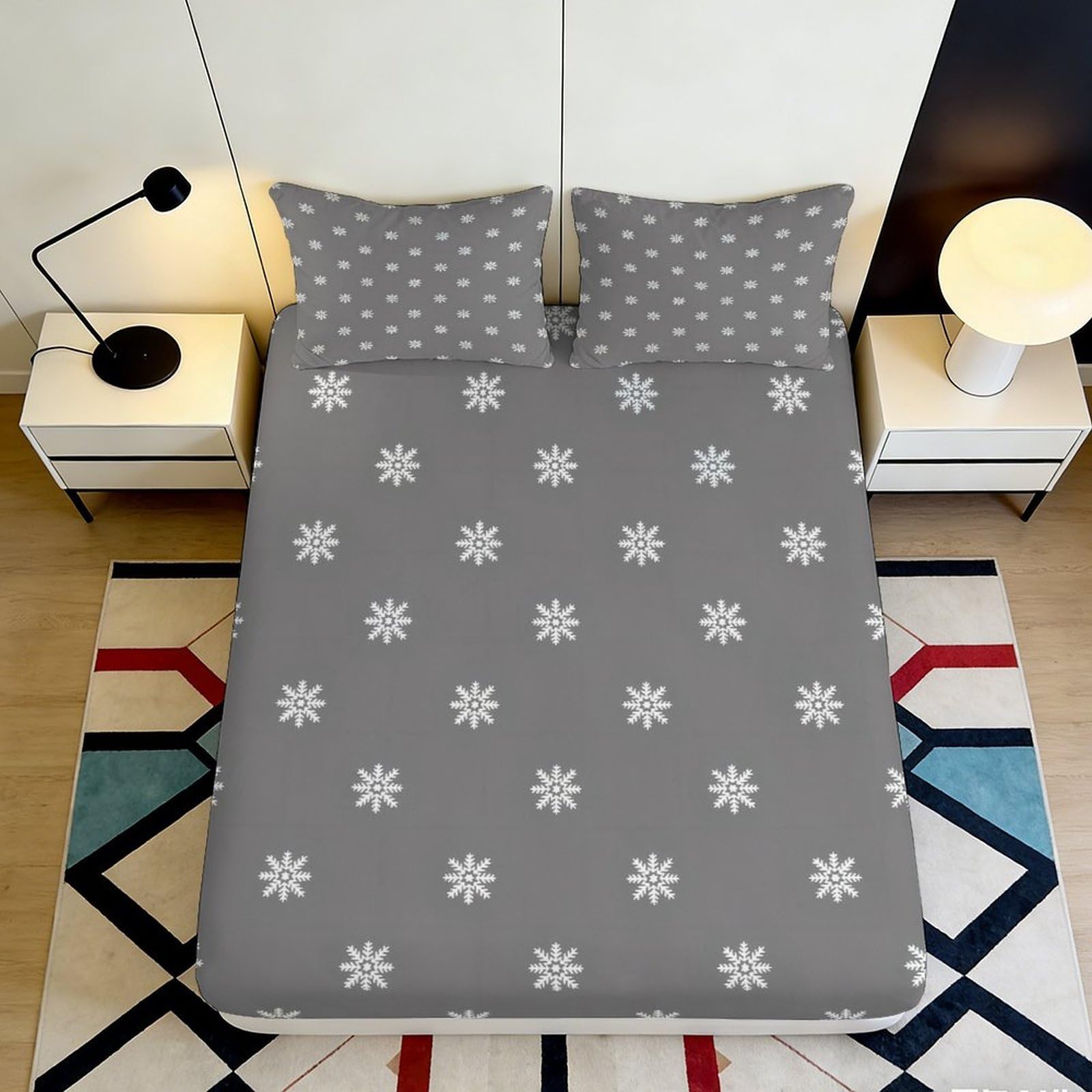 3D Printed Snowflake Fitted Sheet Microfiber Deep Pocket Elastic Hem Bedroom Bedding Snowflake Mattress Fitted Cover 90x200x25cm