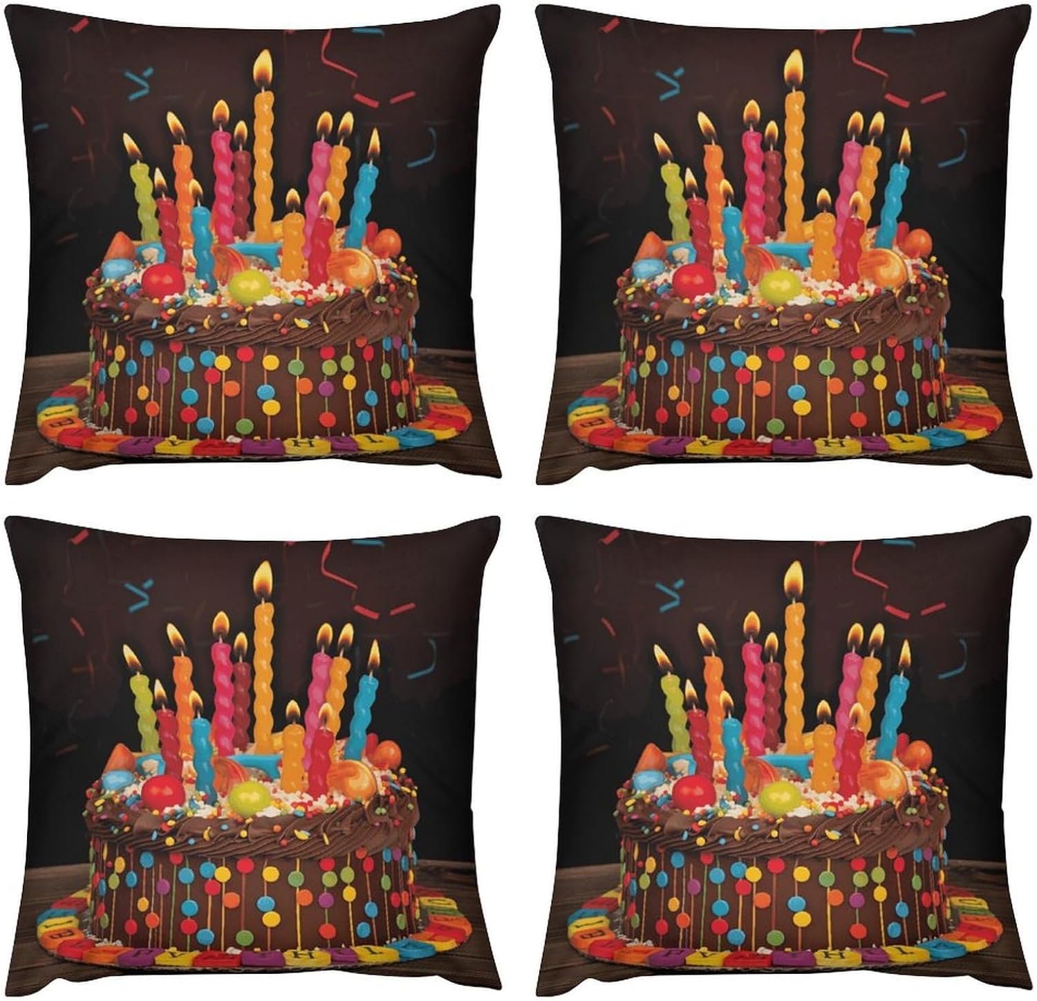 16 "x16 Throw Pillow Covers Set of 4 Happy Birthday Big Cake Pillow Cover for Sofa Square Pillowcase for Couch Bed Living Room Home Decor Plush Cushion Cases