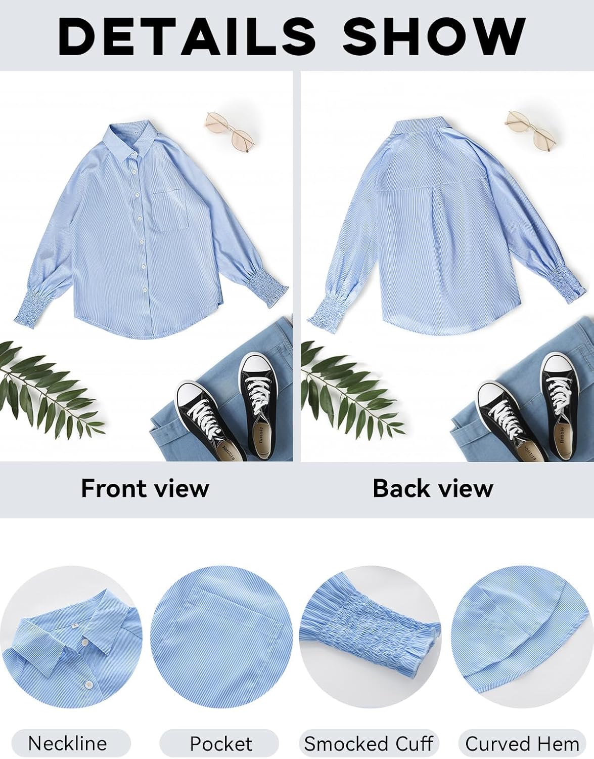 Womens Striped Button Down Shirts Smocked Cuffed Blouse Long Sleeve Casual Collar Oversized Shirt Tops with Pocket - Image 6