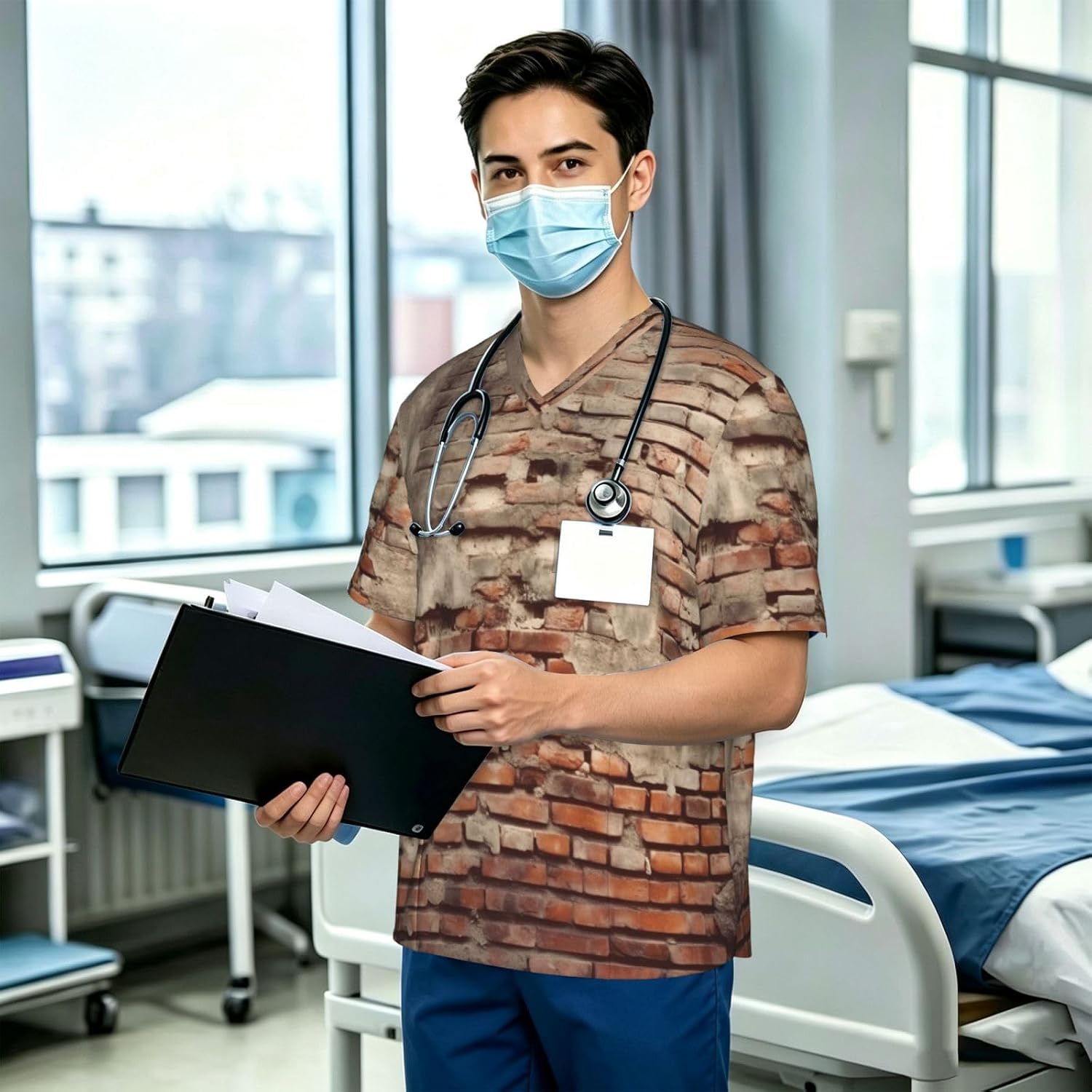 Professional Scrub Tops for Men, Classic V-Neck Workwear with 3 Pockets