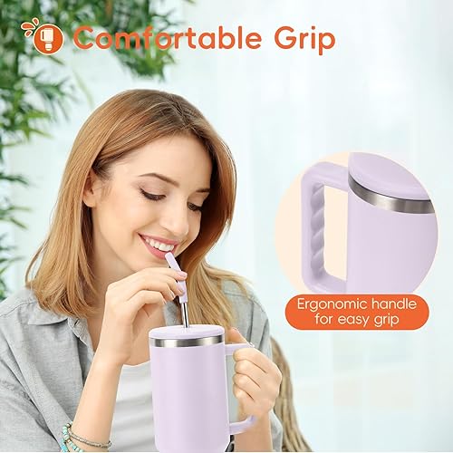 Vista 27 de VUSIGN Vaso de 40 onzas con asa y tapa con pajilla, vaso de acero inoxidable aislado al vacío, taza de viaje para agua, té helado, café, batido