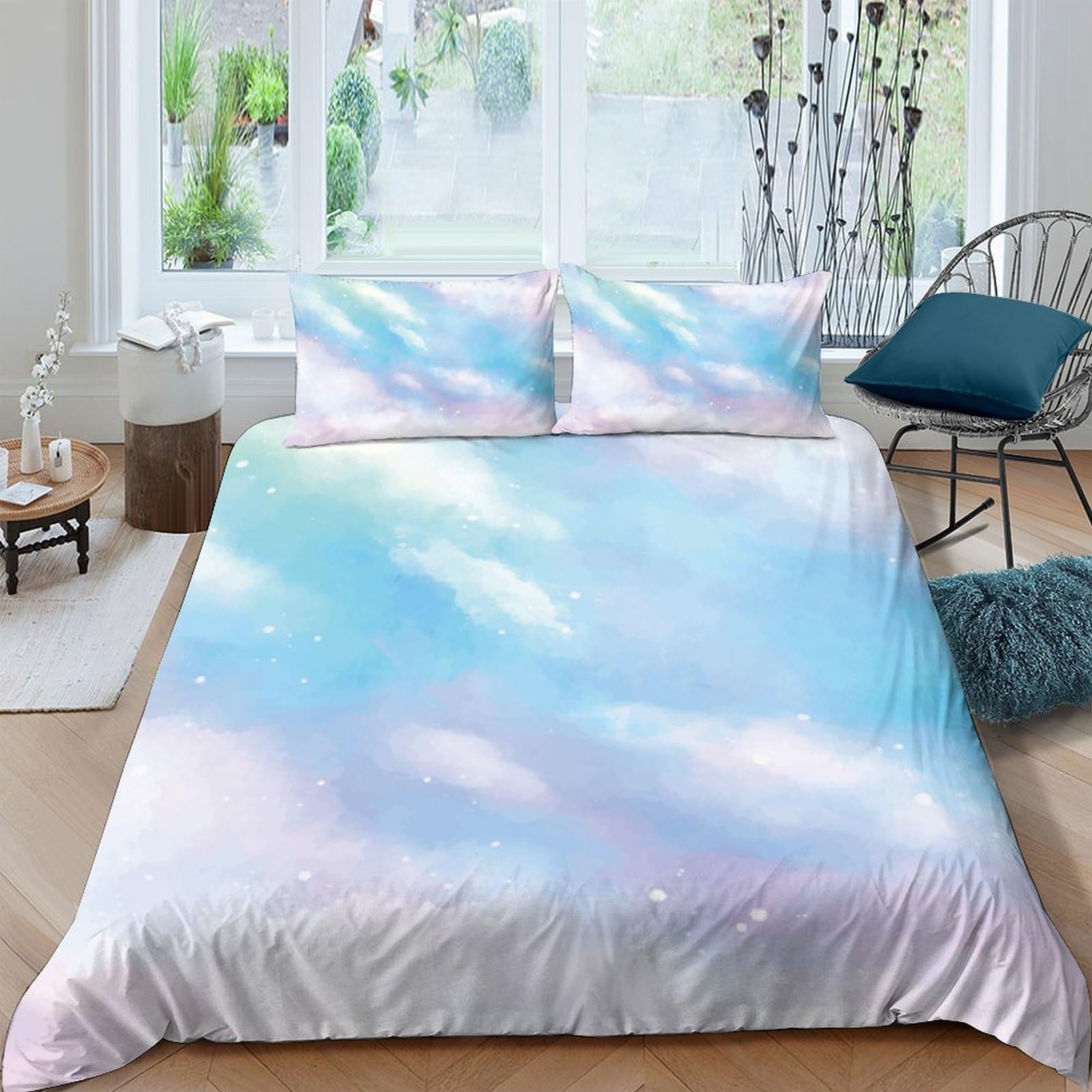 Ctjqhvkz Style-5 3D Printed Sky Cloud Fitted Sheet Microfiber Soft Mattress Cover Pastel Blue Bedroom Decor Washable Single（135X200cm）