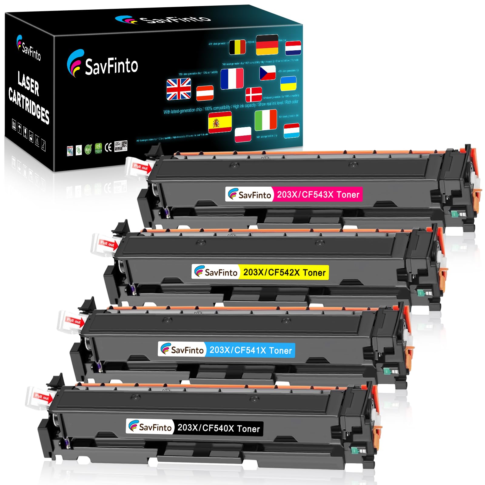SavFnito 203X Tóner de Repuesto para Cartuchos de tóner HP CF540X CF540A 203X 203A compatibles con HP Color LaserJet Pro MFP M281fdw M254nw M281fdn M281cdw M254dw M254dn M280nw M281 M254 (4 Unidades)