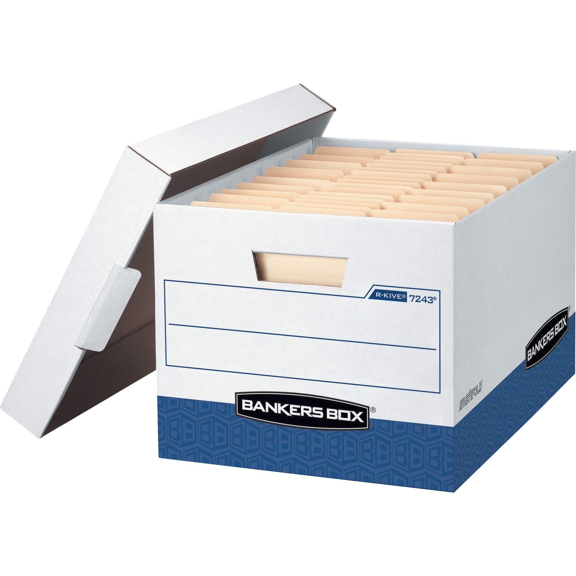 Bankers Box 0724303 R-Kive Max Storage Box, Letter/Legal, Locking Lid, White/Blue, 4/Carton