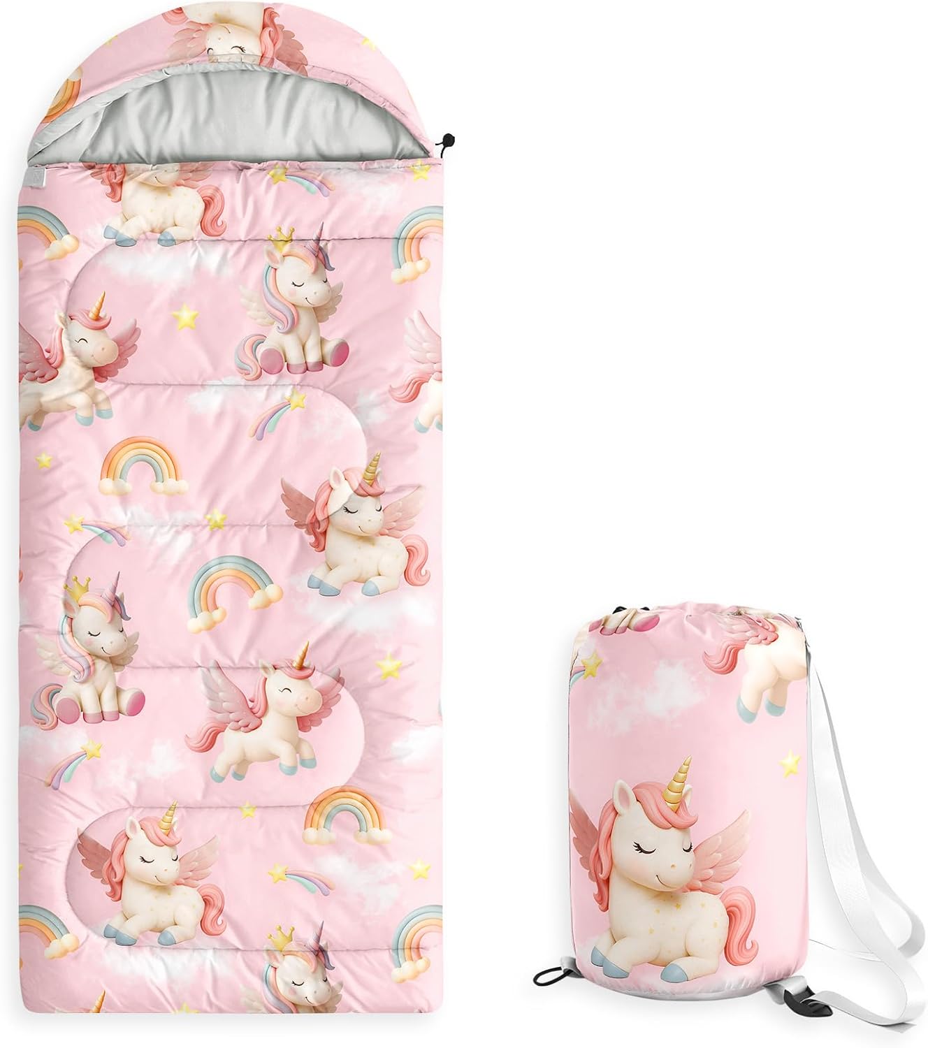 Wake In Cloud - Kids Sleeping Bag for Girls Toddlers, Camping in Warm Cold Weather, Backpacking Lightweight Compact Outdoor Liner for 3 Seasons, 3D Winged Unicorns