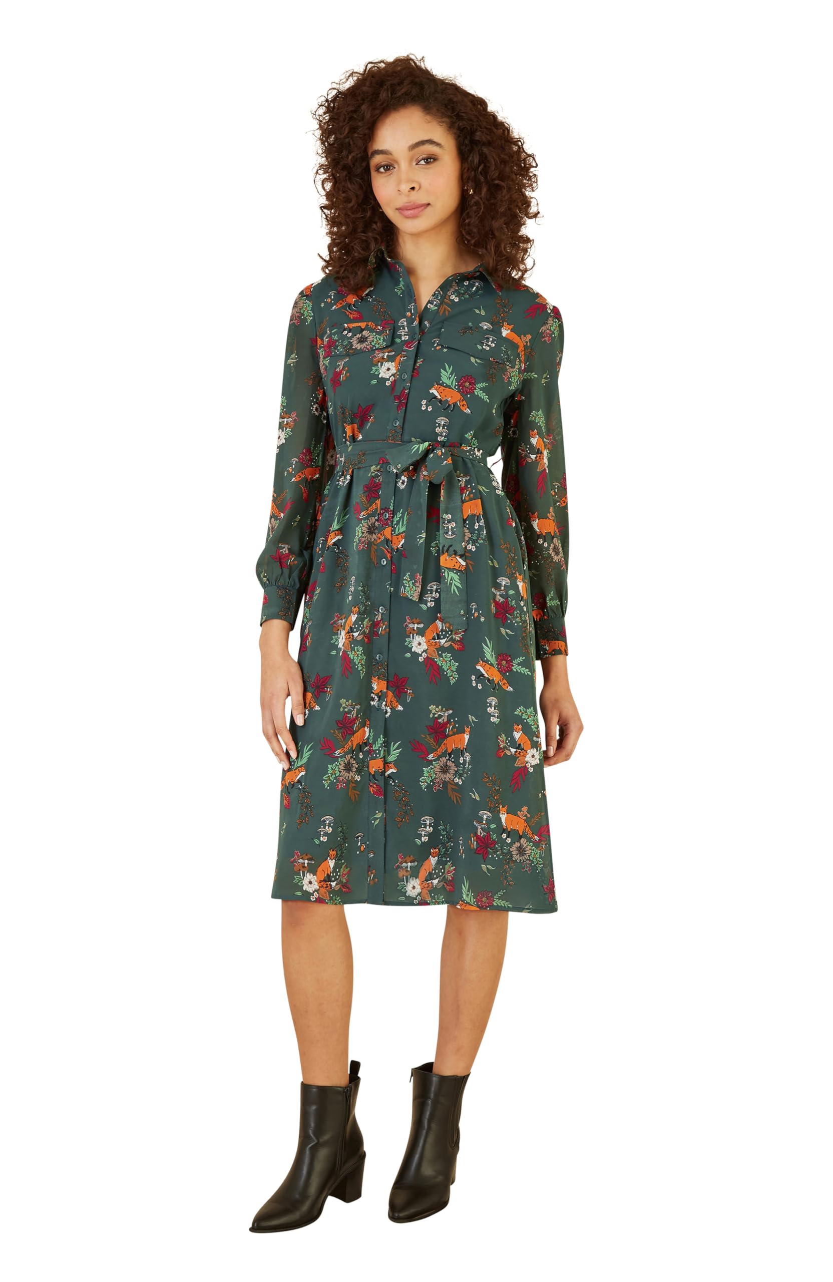 Yumi Women's Green Fox Print Shirt Midi Dress Size 10