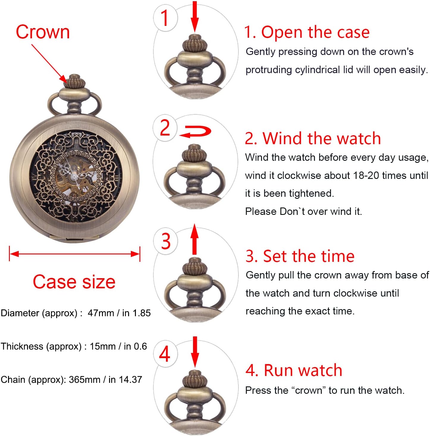 Carrie Hughes Mens Vintage Baroque Roman Mechanical Pocket Watch with Chain in Box WPK914