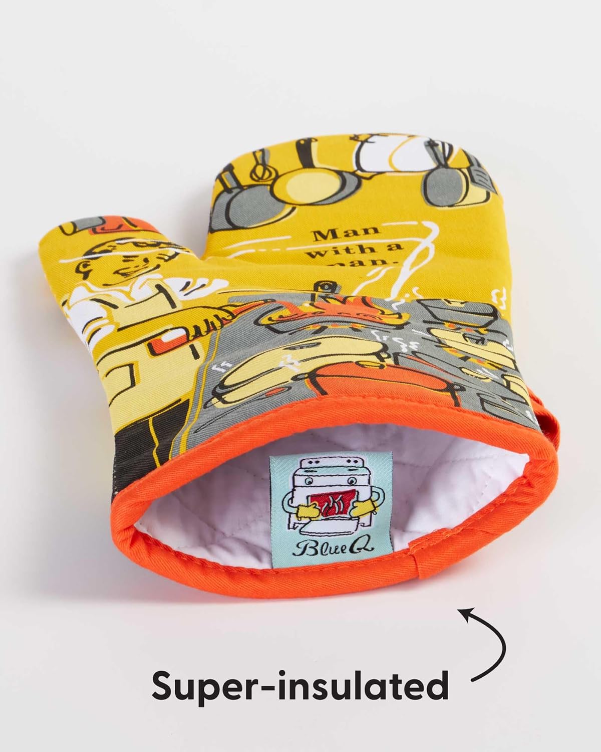 Blue Q Man With a Pan Funny Oven Mitts - Cute Oven Mitts, Home Kitchen Gifts, Cooking Accessories, Super-Insulated Quilting, Comfy Natural-Fitting Shape, 100% Cotton, Machine Wash, Size 12.5"L x 7.5"W - Image 4