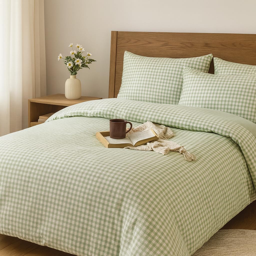 Green Checkered Duvet Cover Set Full Size Plaid Grid Comforter Cover 100% Washed Cotton Bedding Set Ultra Soft Breathable Quilt Set Lightweight Cozy Farmhouse Bedroom Modern Rustic Decor All Seasons