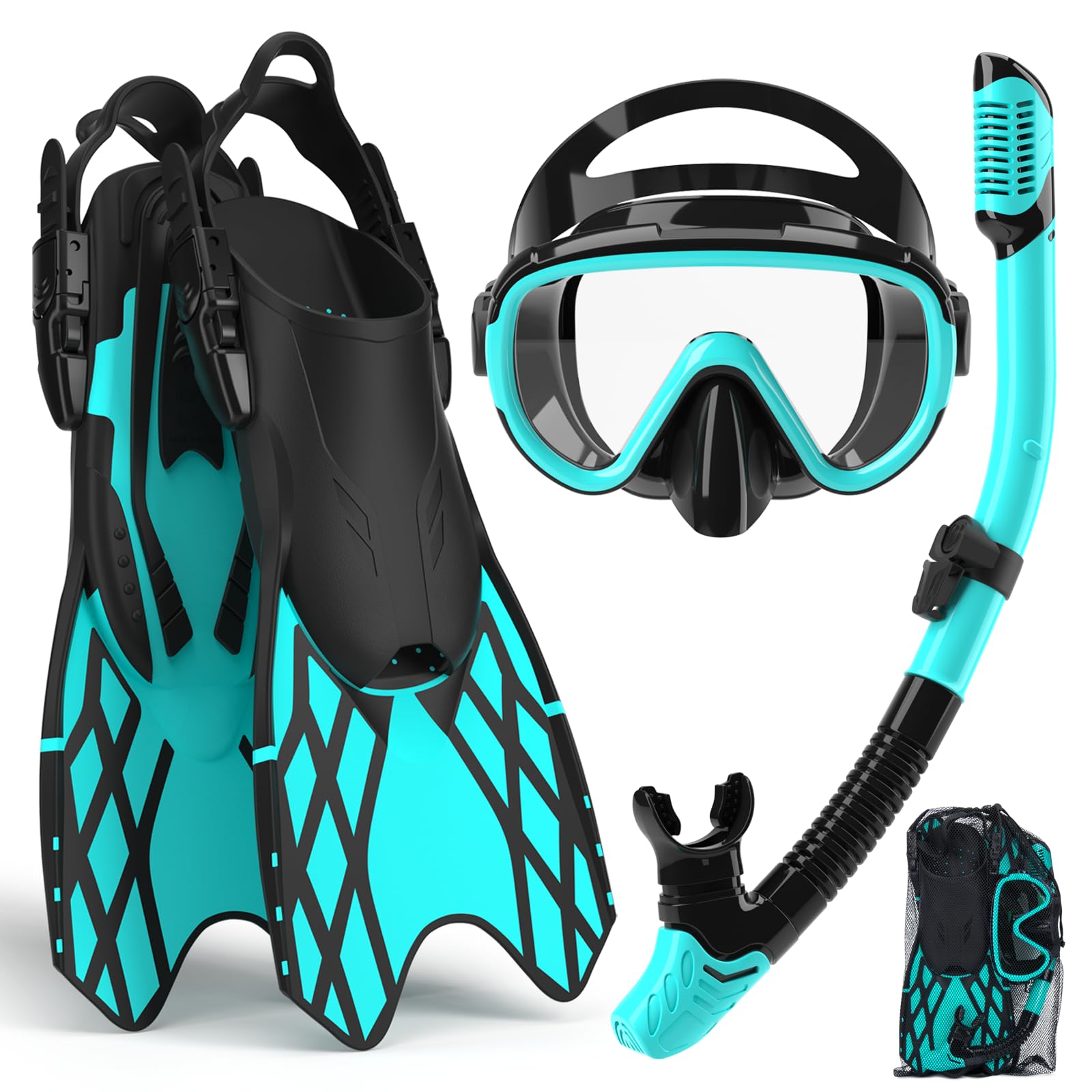 Bairuifu 4 in 1 Snorkeling Gear for Adults - Genuine Advanced Anti-Fog Panoramic Mask, Dry Top Snorkel, Fins & Travel Bag for Snorkeling, Swimming and Travel