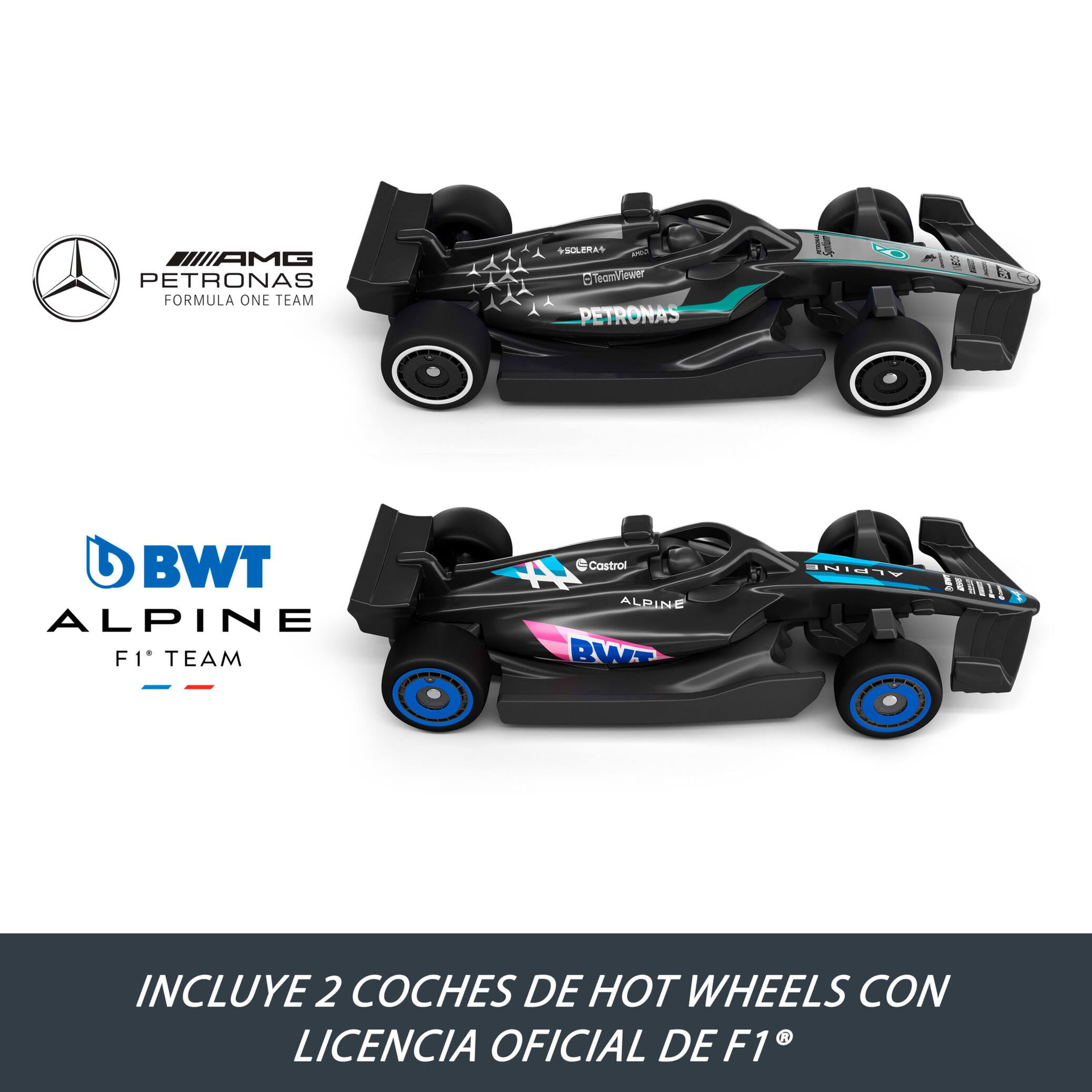 Hot Wheels Racing Fórmula1 Línea de Salida, Conjunto de Pista y Coche de Juguete, Pista Doble con 2coches metálicos a Escala 1:64 con Licencia Oficial de F1, JKM88