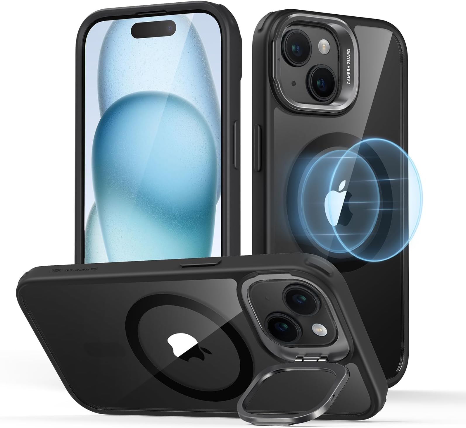 ESR for iPhone 15 Plus Case Cover, Compatible with MagSafe, Built-in Stash Stand Phone Case, Military-Grade Protective Case, Scratch-Resistant Back Cover, Classic Series, Clear Black