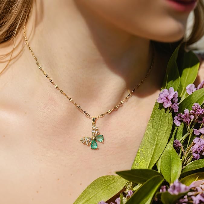 Gold Plated Butterfly Dainty Pendant Necklace for Women - Pearl Initial Beaded Heart Boho Crystal Colorful Necklace Simple Choker Jewelry Gift
