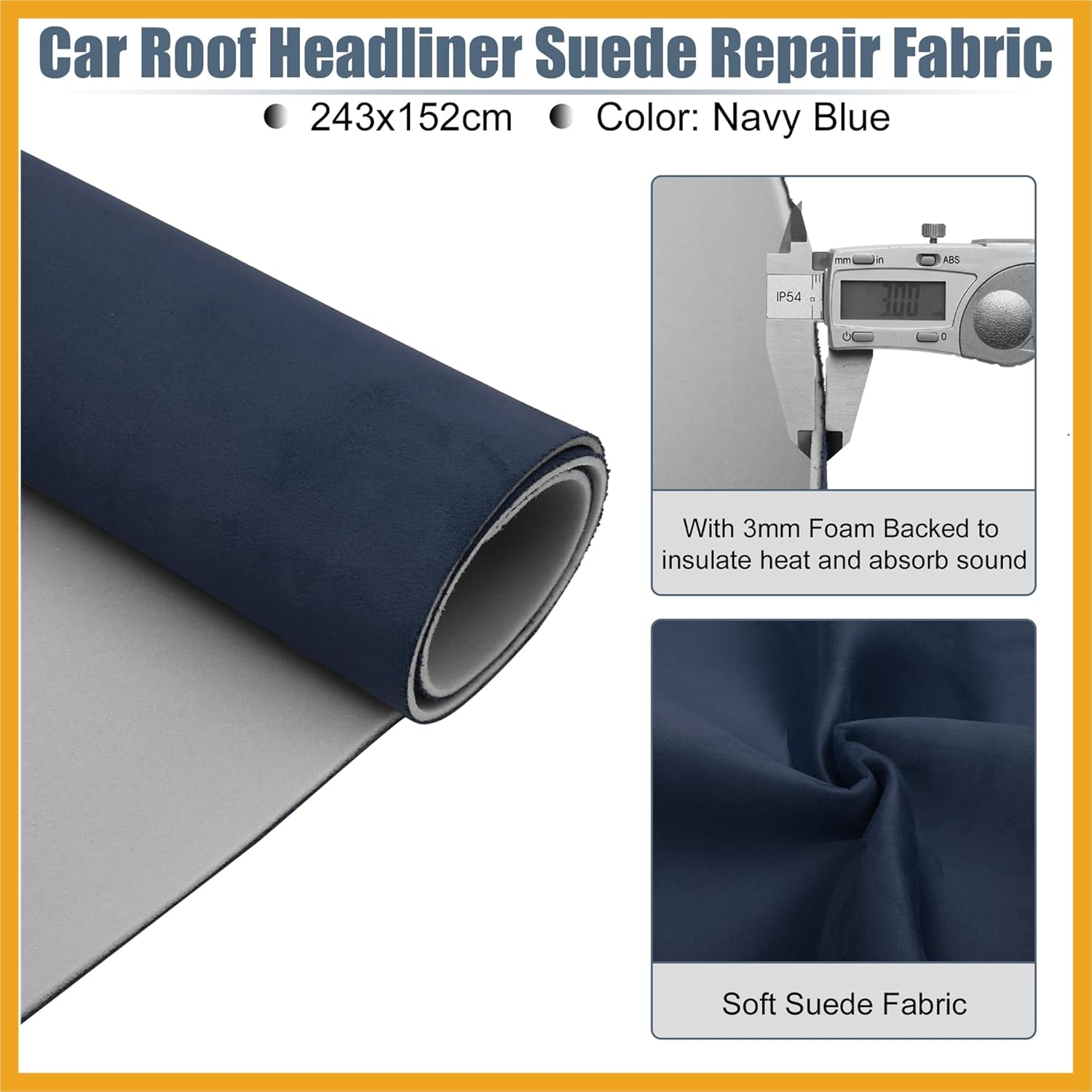 Suede Headliner Fabric 96" Length x 60" Width Foam Backed for Car Truck RV SUV Interior Trim Protect Aging Broken Faded DIY Repair Navy Blue Replacement
