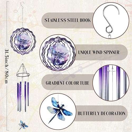 Miniatura 5 de Campana de viento de libélula para exteriores, campanilla de viento de metal con giratorios, libélulas, regalos para mujeres, jardín, patio,