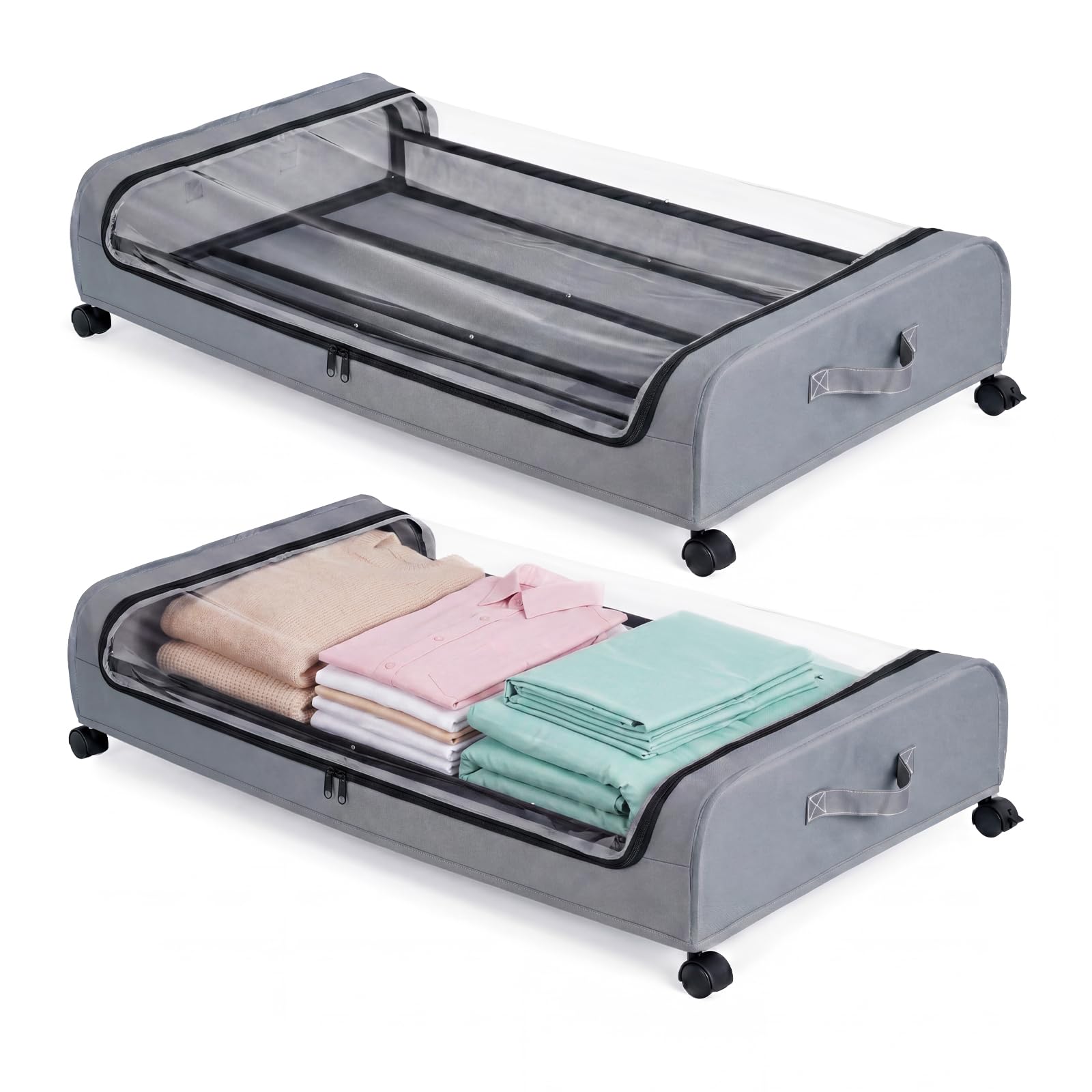 Levede Underbed Storage on Wheels Storage Boxes with Lid Metal Frame 2 Pack, Under Bed Shoe Storage Visible Storage for Clothes Shoes Toys Blankets