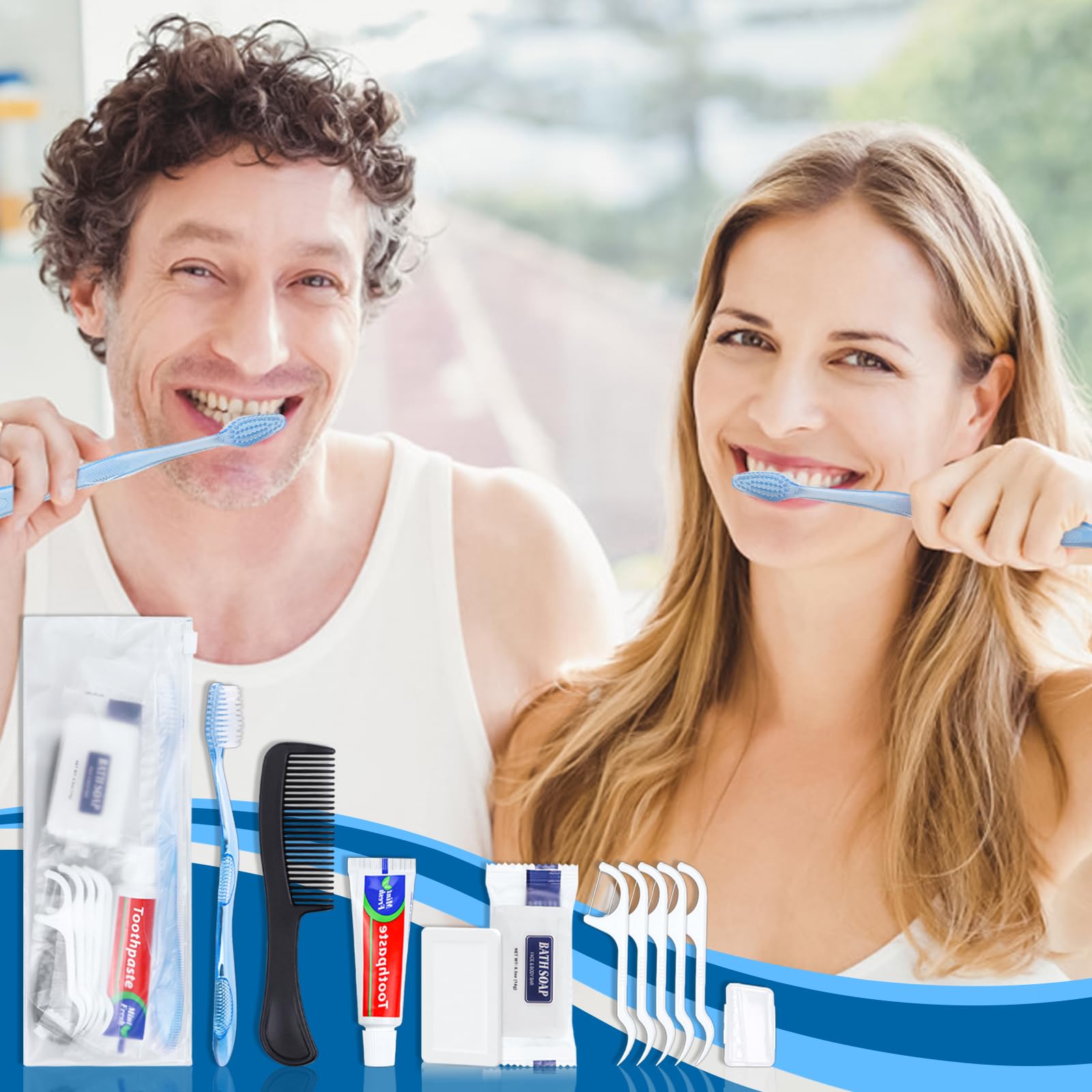 25 set di kit per l'igiene personale, spazzolini da denti usa e getta con dentifricio, filo interdentale, pettine, sapone e copertura, kit da toeletta per senzatetto in blocco