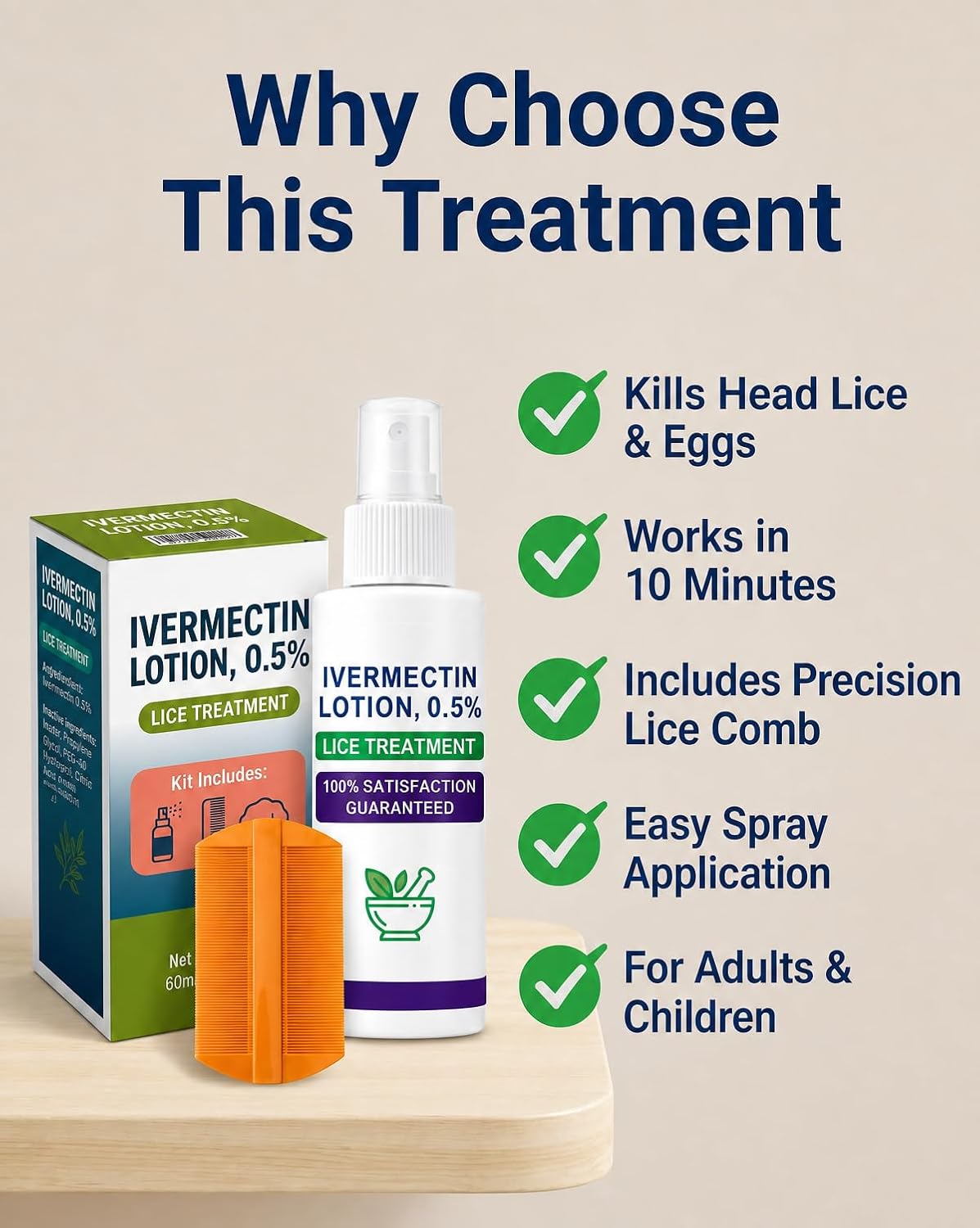 Scalp Care Lotion for Head Lice Treatment | Ivermectin Lotion 0.5% Formula | Comb+Disposable Cap | Safe & Gentle for Ages 6 Months+
