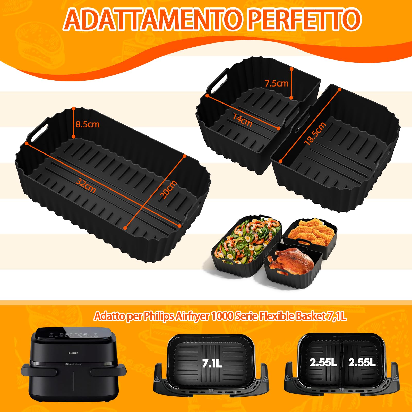 28 Pezzi Teglie Silicone per Friggitrice ad Aria per Philips Air Fryer Serie 1000 Flexi 7.1L, Riutilizzabile Contenitori Friggitrice ad Aria Accessori per Philips Airfryer Flexi NA154/00
