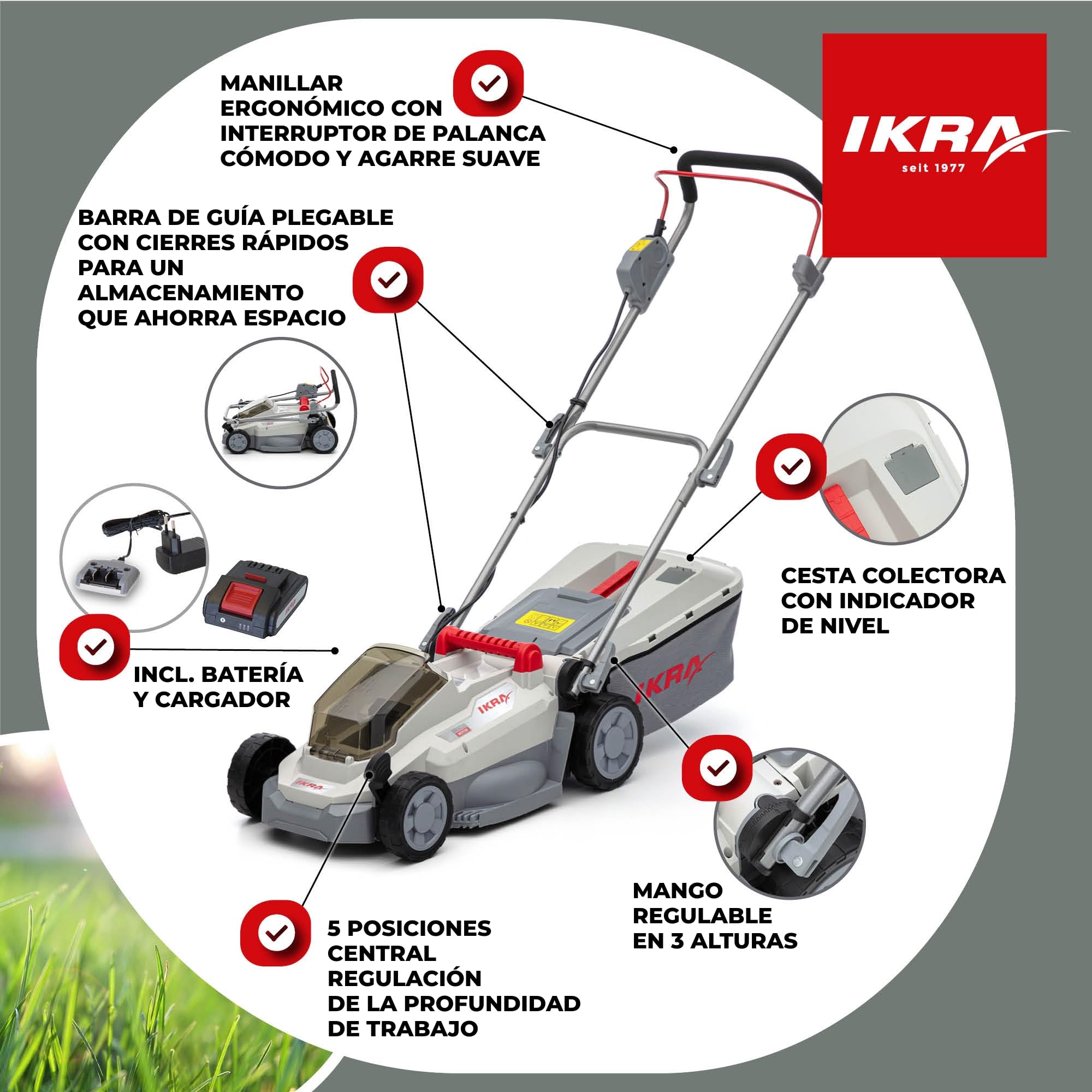 IKRA cortacésped ICM 2033, Ancho 33 cm, Incl. 2 baterías de 20 V y Cargador | Altura de corte de 25-75 mm, cortacésped mulching para céspedes de hasta 150 m², bolsa 30 l, gama de baterías de 20V de IKRA