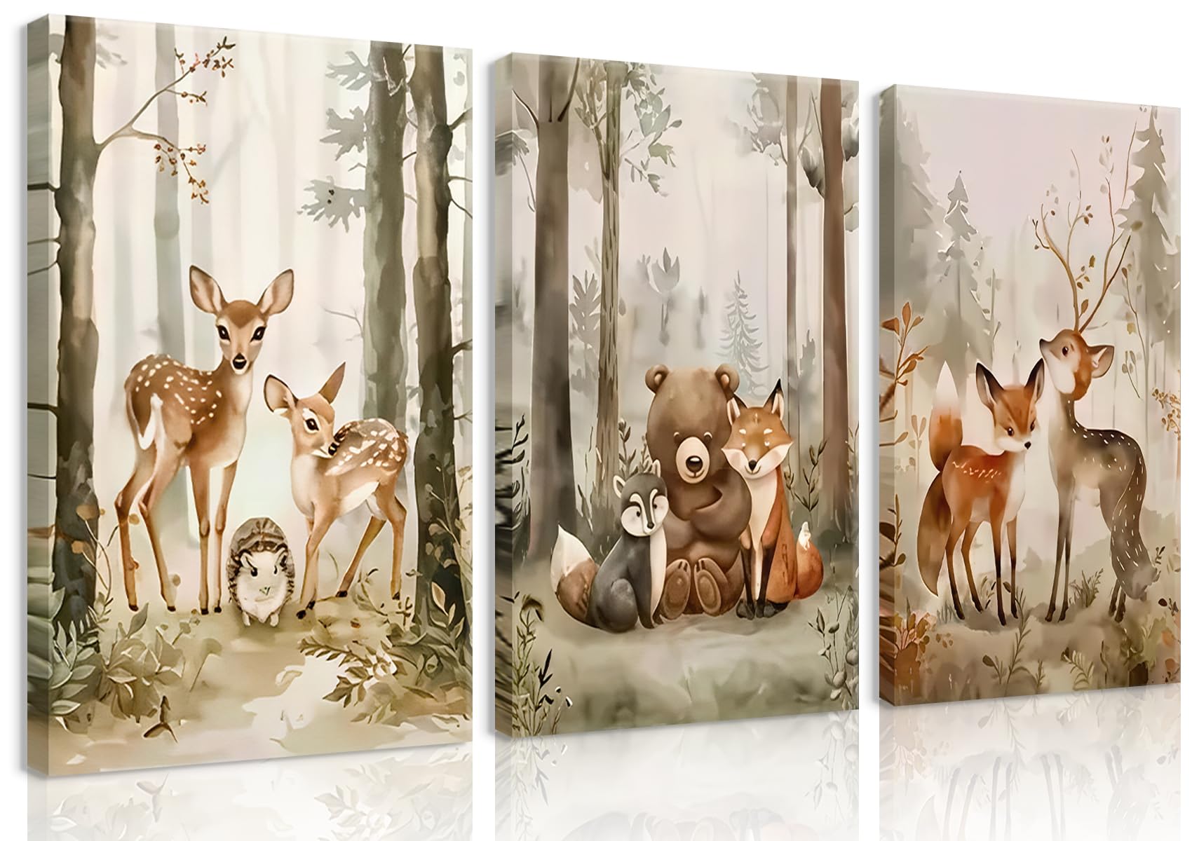 3Pcs Woodland Animal Nursery Canvas wall art Wild Animals Forest Paintings Pictures Wall Decor Fox Bear Deer Watercolor Poster Printing Artwork for Boys Room Girls Room Home Decoration 12x16 Canvas