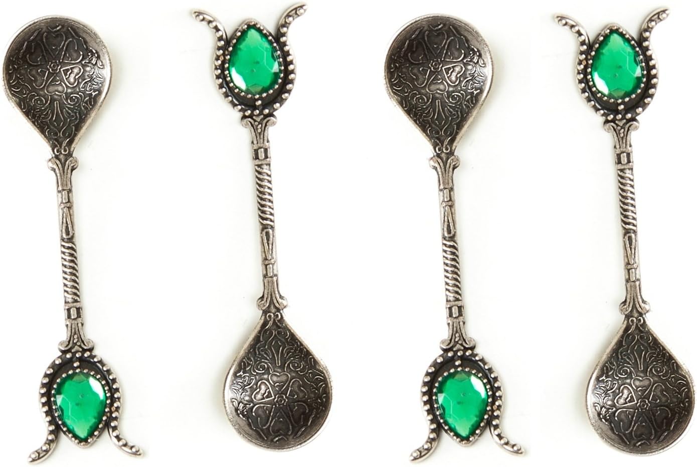 Handmade Copper Turkish Ottoman Spoons Gift Set of 4, Tea, Coffee, Sugar Measuring, Serving (Antique Silver Green)