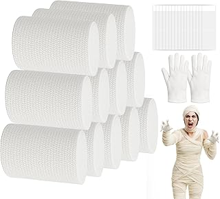 Halloween Mummy Costume Kit, 60 Yards 12 Rolls Mummy Wrap Gauze Bandage with Gloves for Halloween Decor, DIY Scary Zombie Costumes Accessories, Photography Backdrops Makeup Effects for Lady and Youth