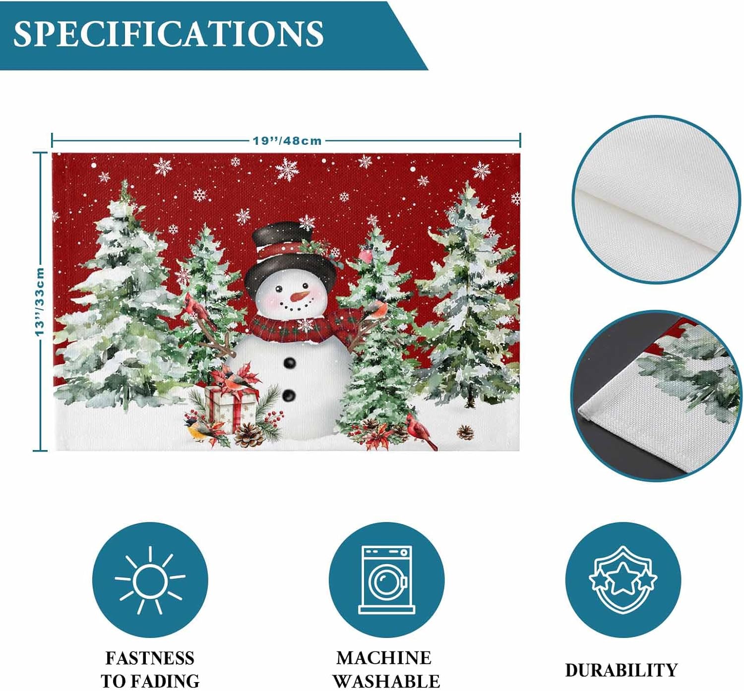 Christmas Placemats Snowman Pine Trees Placemats for Dining Table Cardinal Bird Gifts Snowy Red Table Mat Winter Holiday Home Party Kitchen Table Decorations Set of 8