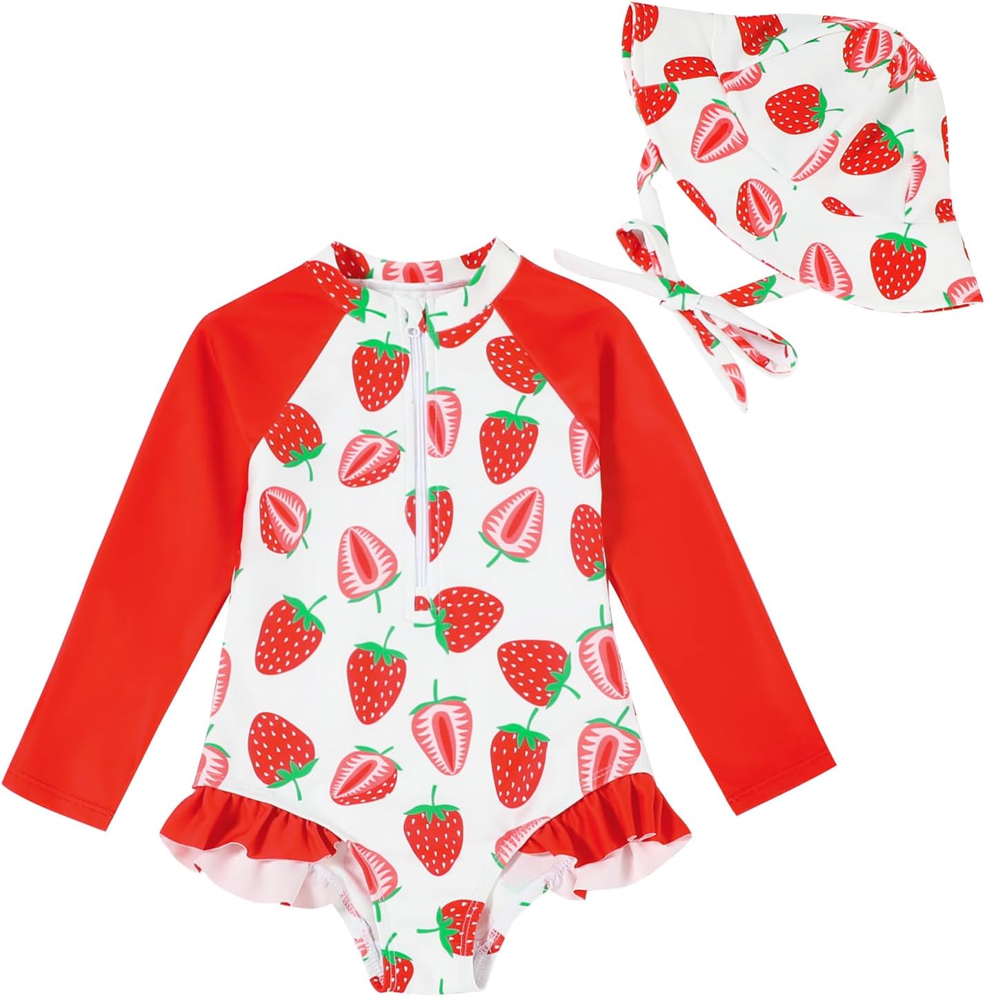 Baby Girl Swimsuit One Piece Girls Rash Guard Bathing Suit Toddler Long Sleeve Zippered Swimwear with Hat