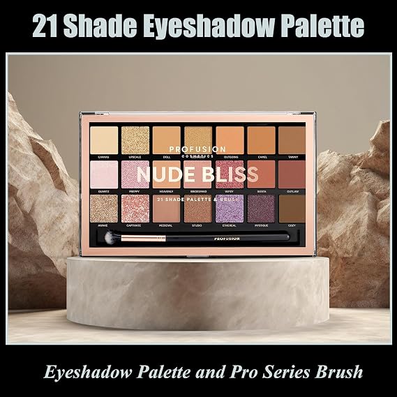 Profusion Cosmetics Nude Bliss 21 Shade Eyeshadow Palette + Free Pro Series Brush (highly pigmented, blendable shades of golden taupe, dusty coppers and rosy pink hue)