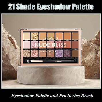 Profusion Cosmetics Nude Bliss 21 Shade Eyeshadow Palette + Free Pro Series Brush (highly pigmented, blendable shades of golden taupe, dusty coppers and rosy pink hue)
