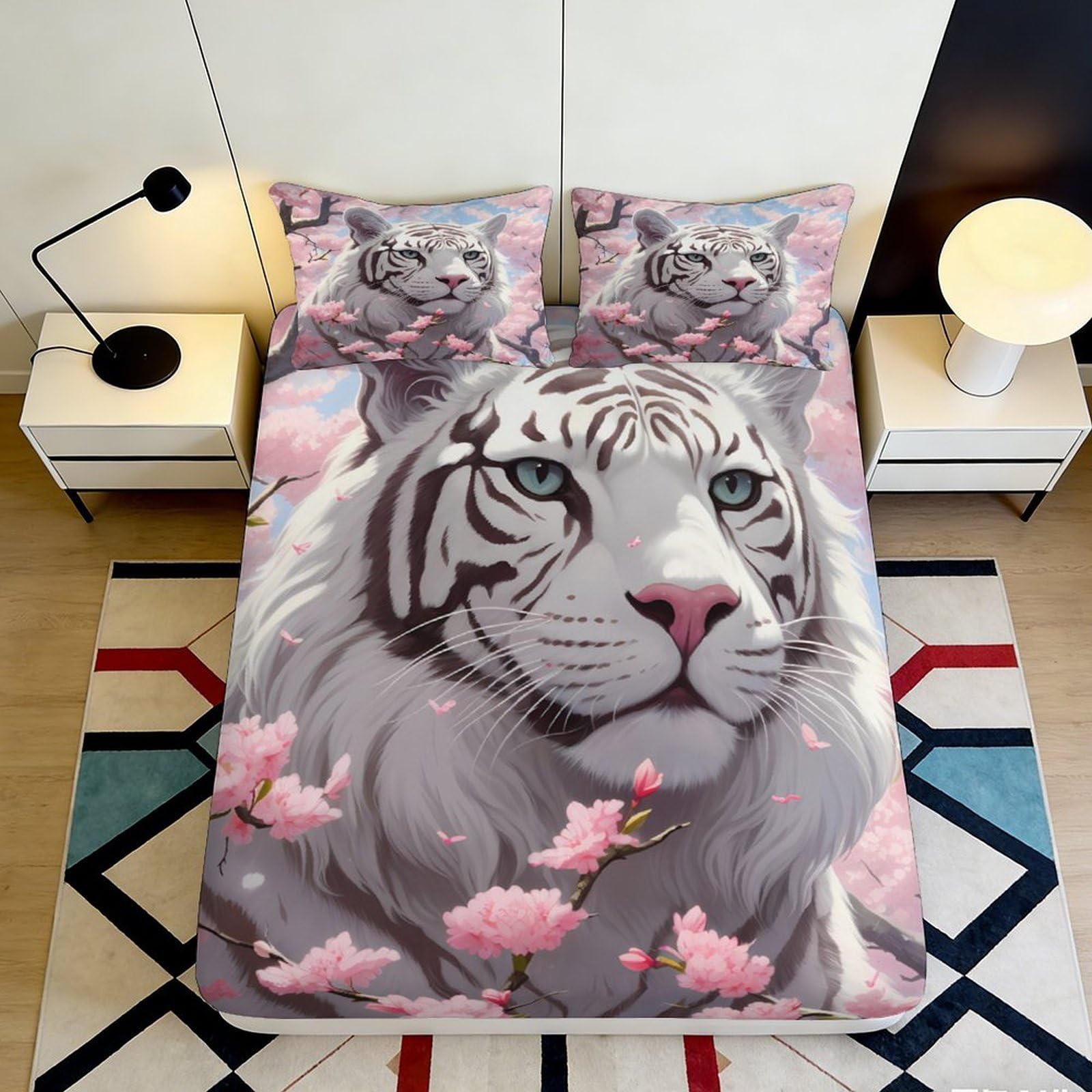 Uxinyoume Style-2 3D Printed White Tiger Blossom Fitted Sheet Microfiber Soft Non-Slip Bed Sheet For Bedroom Guest Room Decor 90X200x25cm