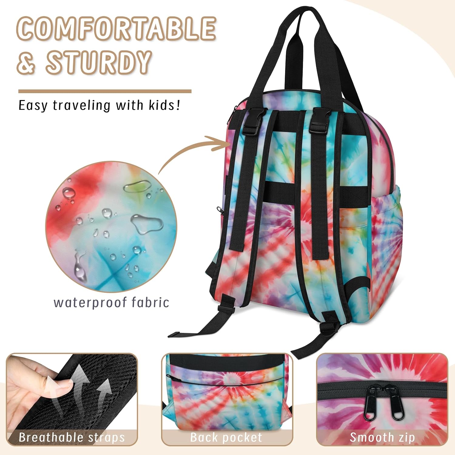 Tie Dye Pattern Diaper Bag Backpack for Travel, Waterproof Diaper Bag with Insulated Bottle Pockets & USB Port, Large Capacity Baby Bag for Moms & Dads