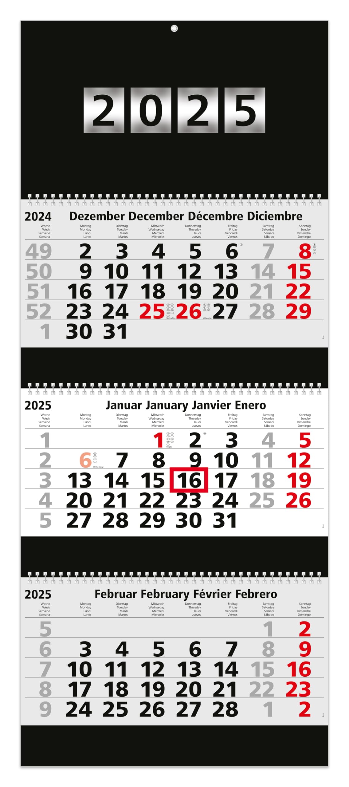 3-Month Calendar 2026 Premium Black Wall Calendar 33.5 x 81 cm Always Hangs Smooth and Straight Thanks to Wire-O Binding Black Back Panel, Year Number Silver Embossing, Metal Eyelet