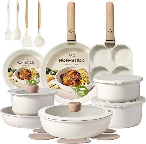 Vista 13 de CAROTE Juego de 17 piezas de ollas y sartenes antiadherentes con mango desmontable, juego de utensilios de cocina antiadherentes, juego de cocina