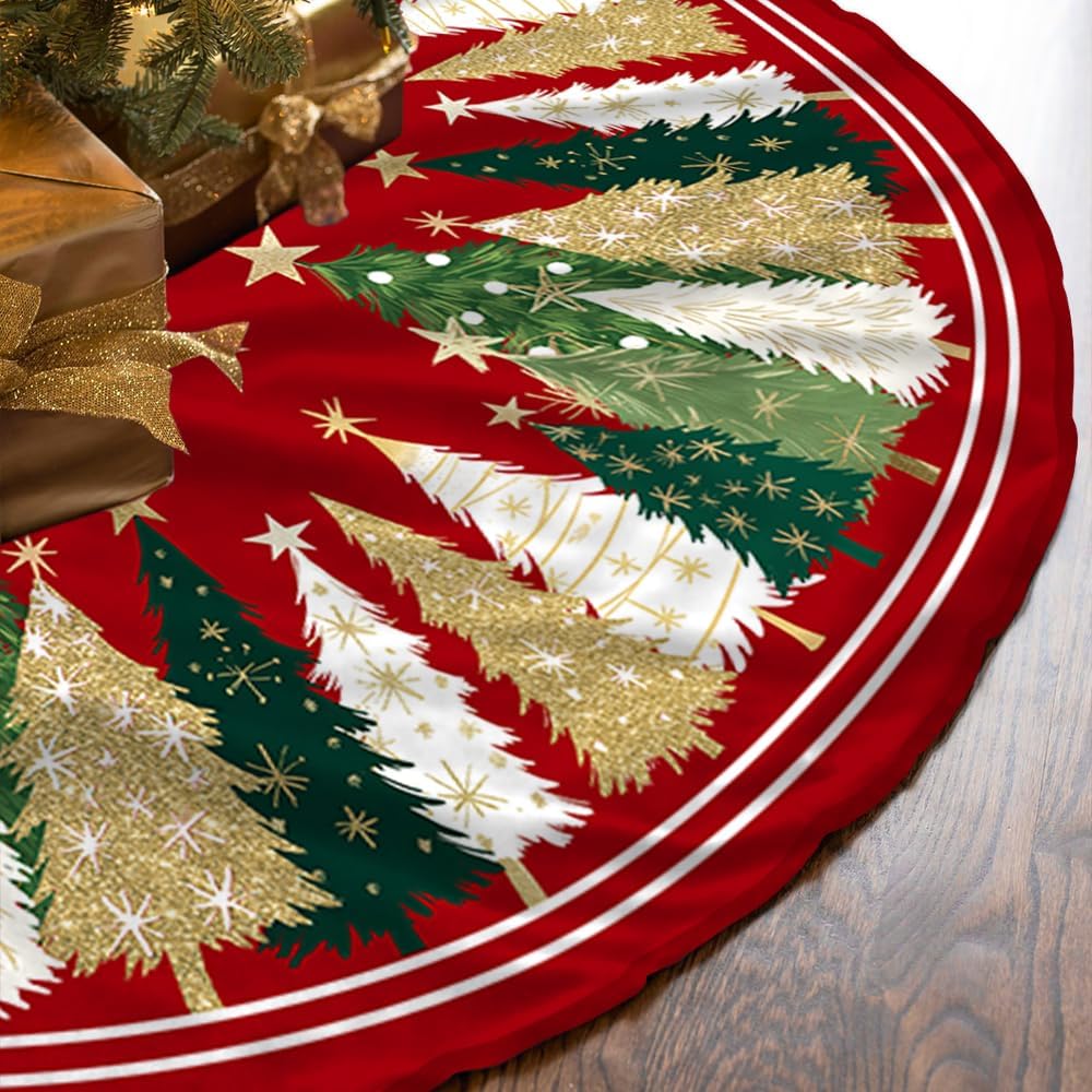 Falda Arbol Navidad de 122cm(48 Pulgadas), Cubre Pie Arbol de Navidad con Estrellas Brillantes y Patrón de árbol, Adecuado para Decoracion, Fiestas
